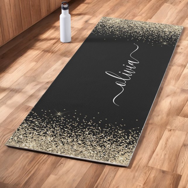 Esterilla De Yoga Purpurina de oro negro Girly Monograma Fitness (Subido por el creador)