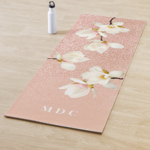 Esterilla De Yoga purpurina magnolia de melocotón rosa iniciales flo
