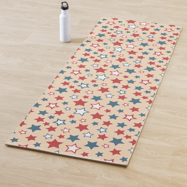 Esterilla De Yoga Red and Blue Stars, 4th of July, Beige Background (In situ)