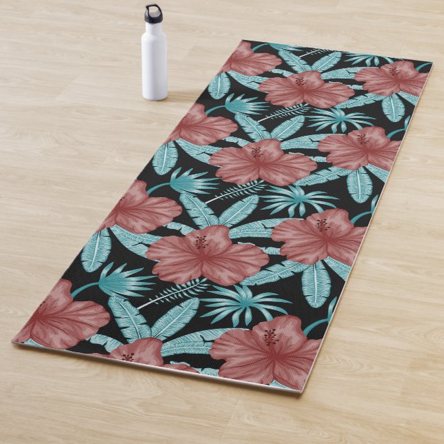 Esterilla De Yoga Red flowers tropical seamless pattern &blue leaves (In situ)