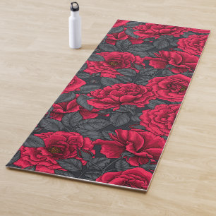 Esterilla De Yoga Red roses with gray leaves on black