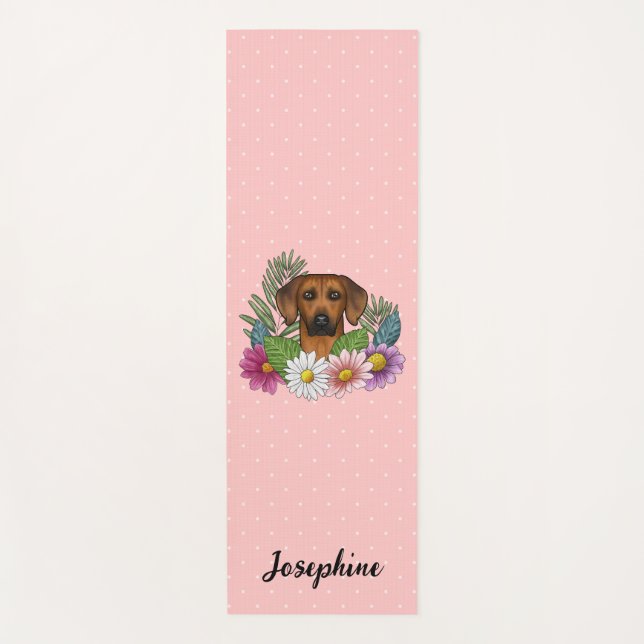 Esterilla De Yoga Ridgeback Perro Rhodés Con Flores Y Nombre Rosa (Anverso)