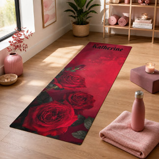 Esterilla De Yoga Rosas Rojas Vintage con Nombre Personalizado