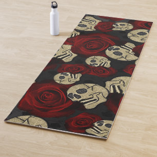 Esterilla De Yoga Rosas Rojas y Calaveras Gris Negro Floral Gótico
