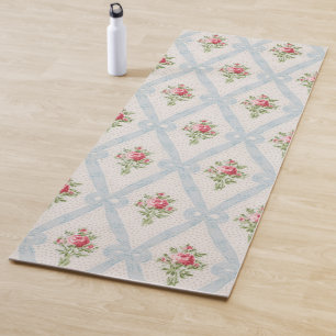 Esterilla De Yoga Rosas victorianos rosados con Entramado Azul