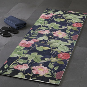 Esterilla De Yoga Rosas Vintage En Un Diseño De Terciopelo Azul Oscu