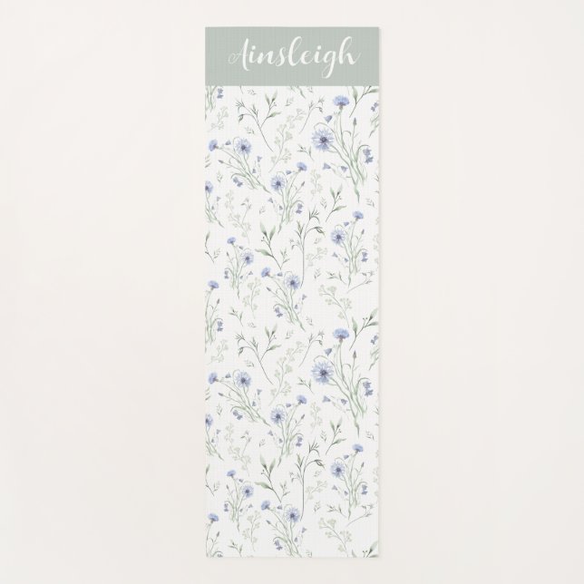 Esterilla De Yoga Sage Blue Watercolor Wildflower Monogram Name (Anverso)