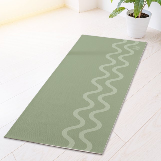 Esterilla De Yoga Sage Green Modern Minimal Wavy Lines And Initials (Disclaimer: This image is a digital mockup.)