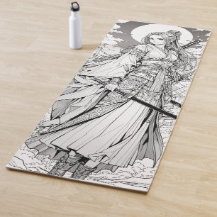 Esterilla De Yoga samurai girl and moon anime ink draw art
