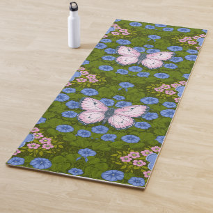 Esterilla De Yoga Simetría de mariposas y flores, azul y rosa