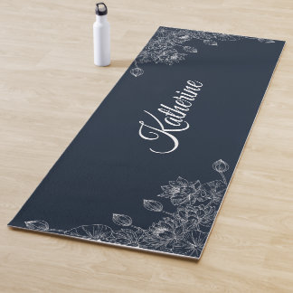 Esterilla De Yoga Simple Modern Floral Script Name Navy Blue Lotus 