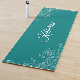 Esterilla De Yoga Simple Modern Floral Script Name Teal Lotus