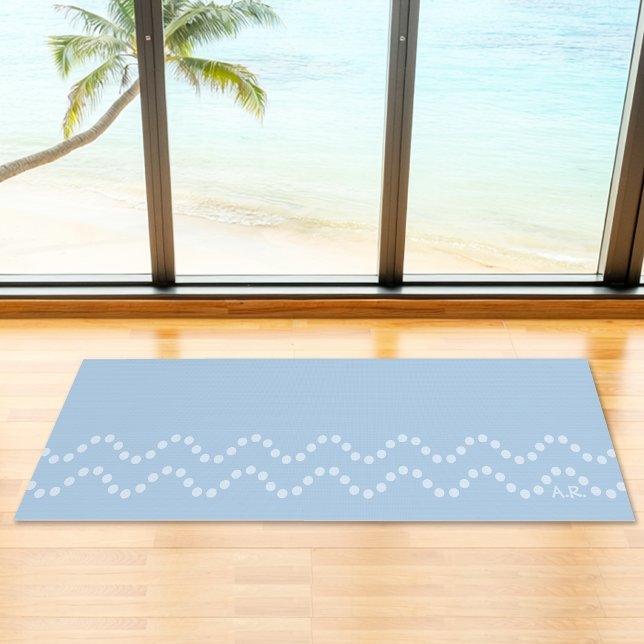 Esterilla De Yoga Soft Blue Minimal Dotted Wavy Lines With Initials (Disclaimer: This image is a digital mockup.)