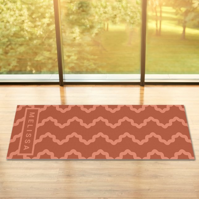Esterilla De Yoga Terracotta Red Modern Minimal Wavy Lines And Name (Disclaimer: This image is a digital mockup.)