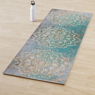 Esterilla De Yoga Triple Mandala dorada y tímida en Verde azulado