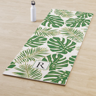 Esterilla De Yoga Verde oscuro tropical, hojas de oro y monograma