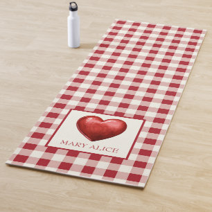 Esterilla De Yoga Vintage Rojo y Crema Cuadros con Corazón
