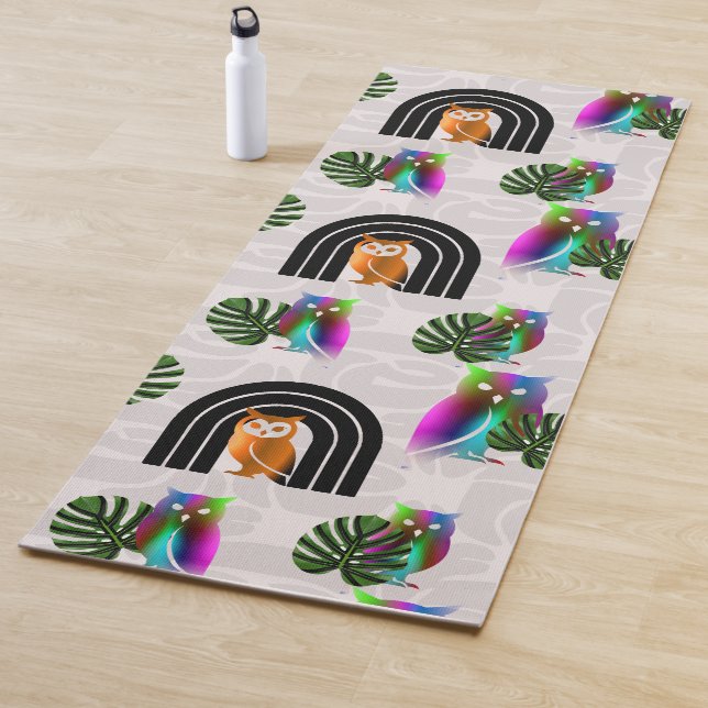 Esterilla De Yoga Whimsical Boho Owl & Tropical Monstera Leaf (In situ)