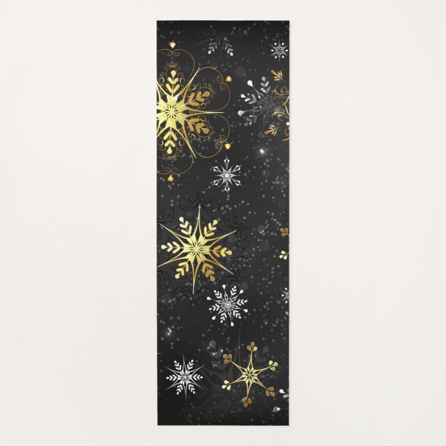 Esterilla De Yoga Xmas Golden Snowflakes on Black Background (Anverso)