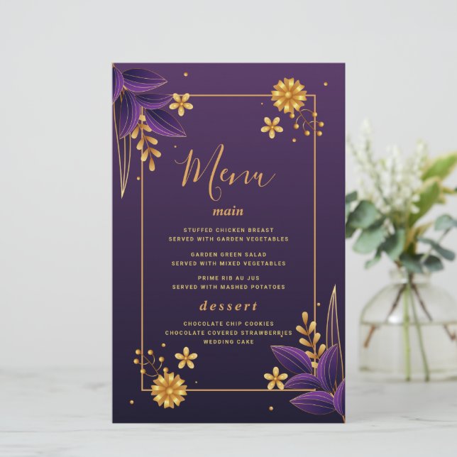 Estética morada y dorada Bodas florales tarjetas d (Anverso de pie)