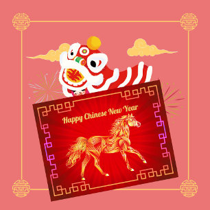 Estilizado caballo dorado postal de año nuevo chin