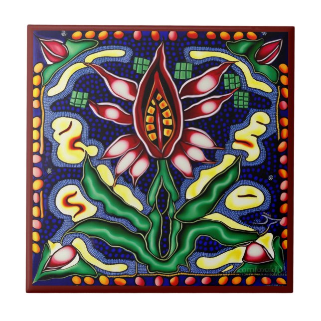 Estilo de arte huichol mexicano azulejos cerámicos (Frente)