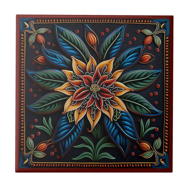Estilo de arte huichol mexicano azulejos cerámicos (Frente)