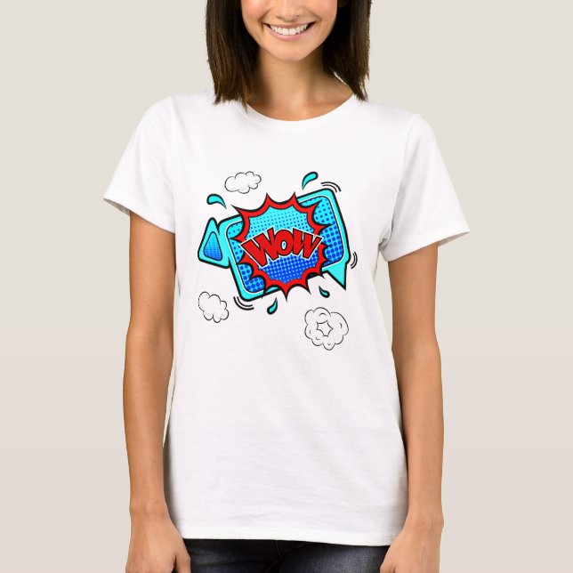 Estilo de cómic Pop Art Retro Blue WOW Camiseta (Anverso)