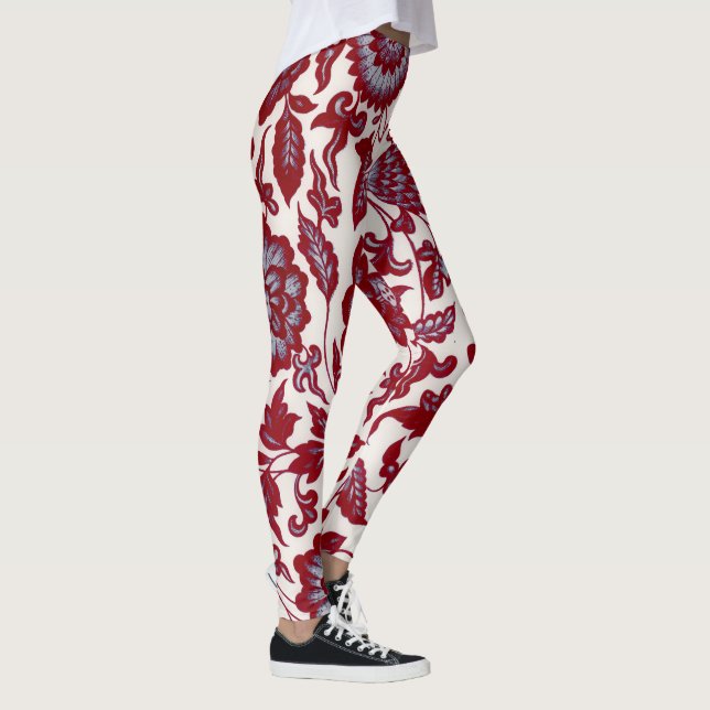 Estilo de época Floral Rojo y Blue Art Leggings (Derecha)