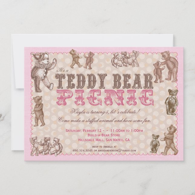 Estilo de época Teddy Bear Invitación de picnic -  (Anverso)