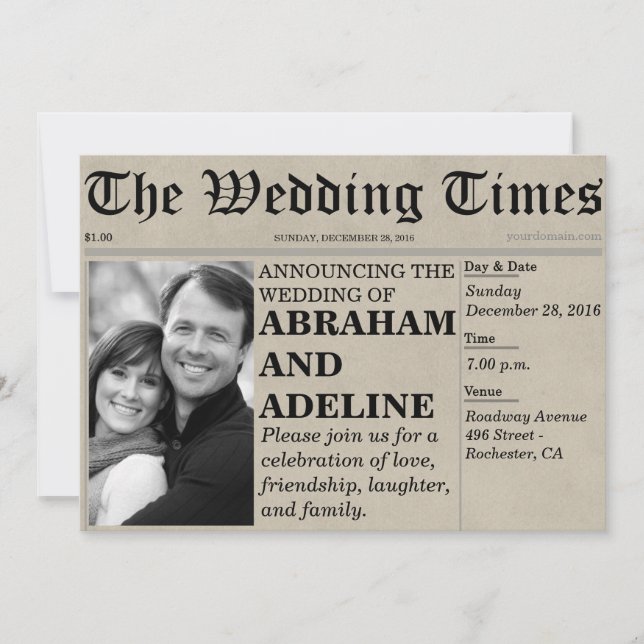 Estilo de invitación a matrimonio de periódico (Pe (Anverso)