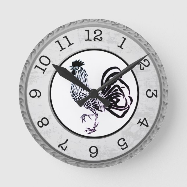 Estilo de país Negro Rooster redondo reloj de pare (Anverso)
