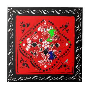 Estilo indio teja floral roja/del negro