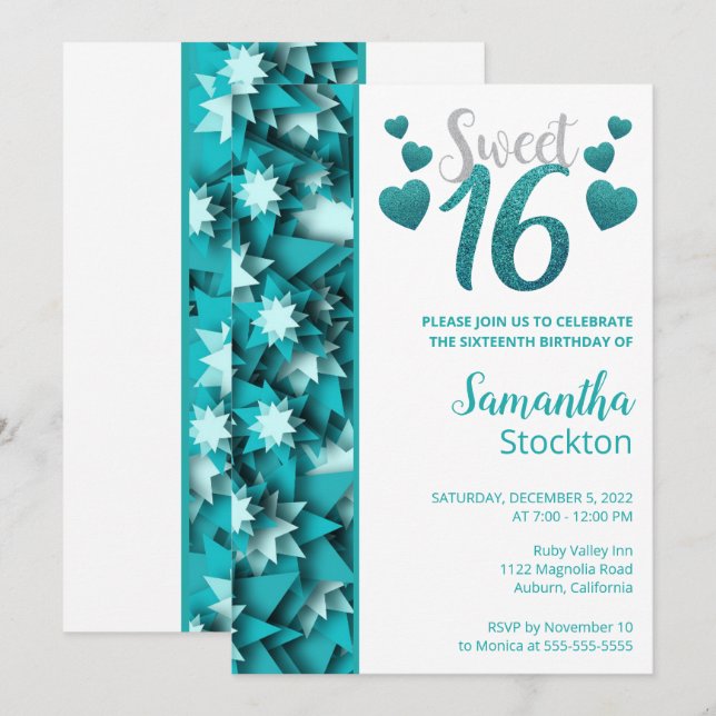Estiloso dulce Verde azulado 16 Invitación (Anverso / Reverso)