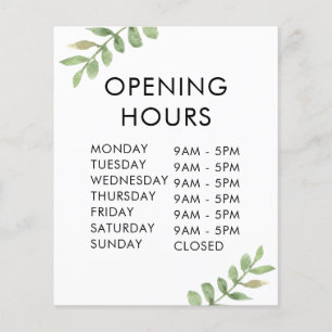 Estiloso horario de apertura de tienda con hojas v