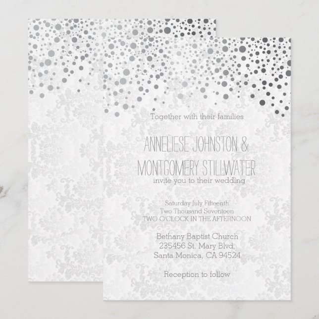 Estilosos puntos de confetti plateado| Invitación  (Anverso / Reverso)