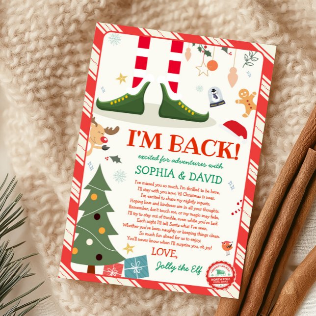 Estoy de vuelta Tarjeta de llegada de elfo de Navi (I'm Back Christmas Elf Arrival Letter Card)