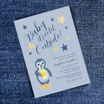 Estrella azul amarilla pingüina Invitación a Baby 