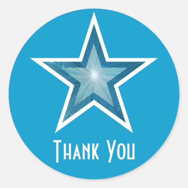 Estrella azul "Gracias" pegatina redonda azul (Anverso)