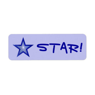 Estrella azul oscura "¡STAR!" etiqueta azul pálido