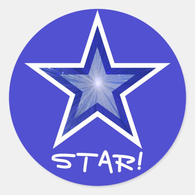 Estrella azul oscuro 'STAR!' redonda pegatina azul (Anverso)