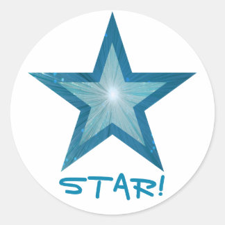 Estrella azul 'STAR!' blanco pegatina redondo