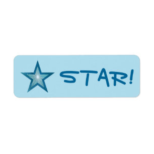 Estrella azul "STAR!" etiqueta azul pequeño