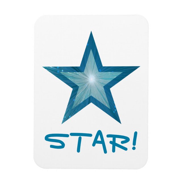 Estrella azul 'STAR!' imán flexible blanco (Vertical)
