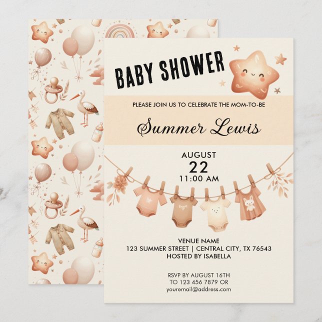 Estrella Cuta Baby Shower - Invitación a la línea  (Anverso / Reverso)