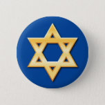 Estrella de David de oro en el botón azul del<br><div class="desc">Botón de encargo que ofrece (efecto impreso hecho de pendientes) una estrella de David de oro en un fondo azul.</div>