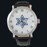 Estrella de David en el reloj masculino azul<br><div class="desc">Muestre su amor por Israel mientras cuenta la hora en el reloj masculino de cuero vintage, un reloj de cara grande que nunca se irá de moda, con un símbolo clásico de la estrella de David situado en el centro con una elegante cara de reloj romano. Un hermoso y significativo...</div>
