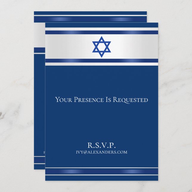 Estrella de David Satén Blanco Invitación Azul Mar (Anverso / Reverso)