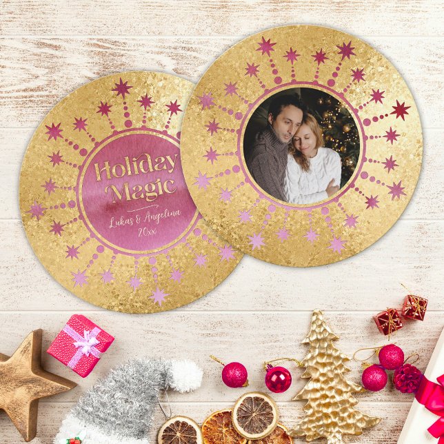 Estrella de Navidades festivos: Tarjeta fotográfic (Holiday Magic Red, Pink, and Gold Photo Card)
