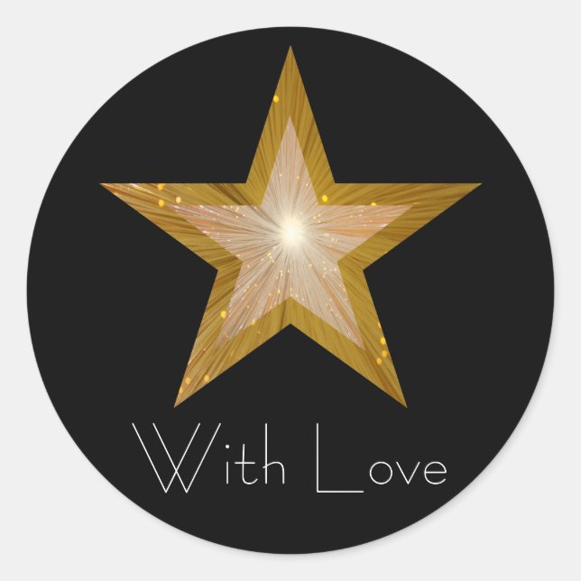 Estrella dorada 'Con amor' negro redondo pegatina (Anverso)
